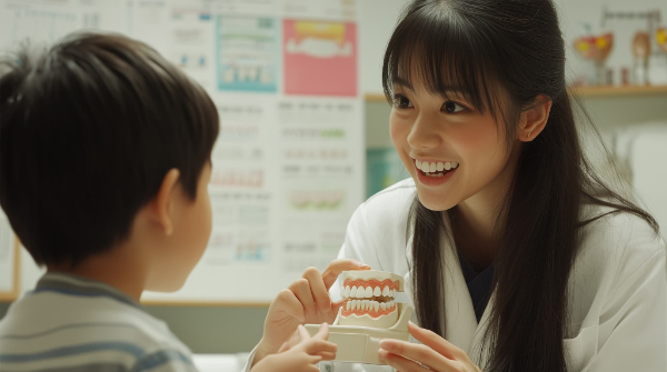 マイオブレース治療について子どもに説明する歯科医