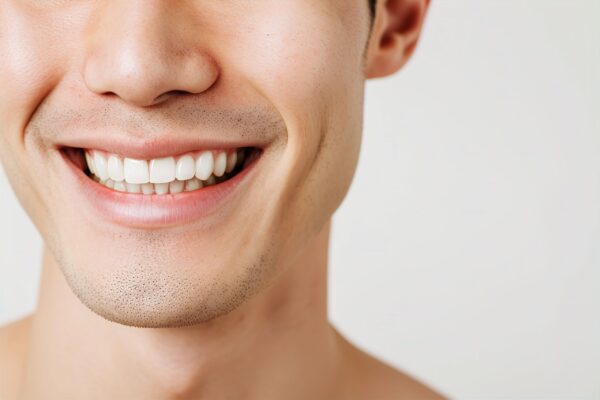 ラミネートベニアで綺麗にした前歯が見える笑顔の男性