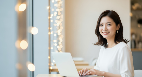 笑顔でパソコンをする女性