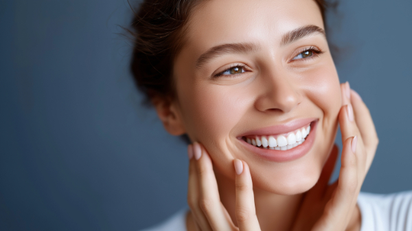 オフィスホワイトニング後の綺麗な歯で笑う女性