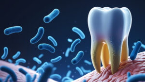 虫歯のメカニズムを示す歯と細菌のイメージ