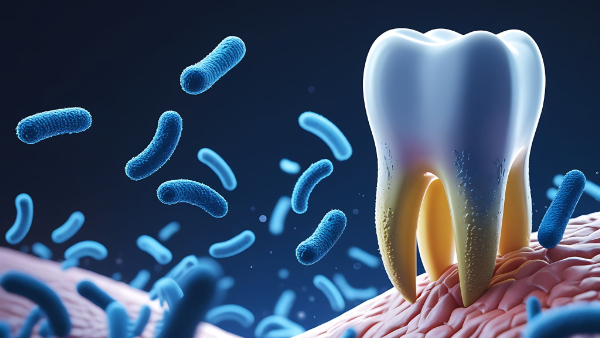 虫歯のメカニズムを示す歯と細菌のイメージ