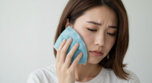 親知らずを抜歯した後に患部を冷やす女性