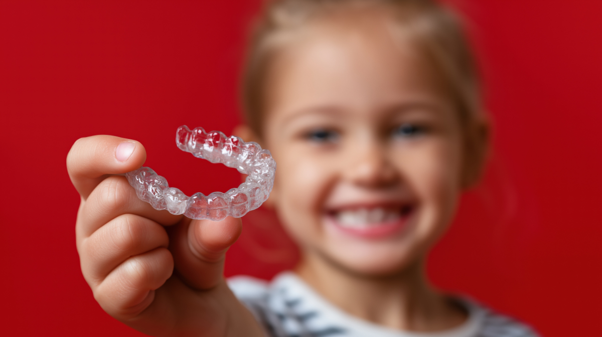 矯正器具のマウスピースを持つ子ども